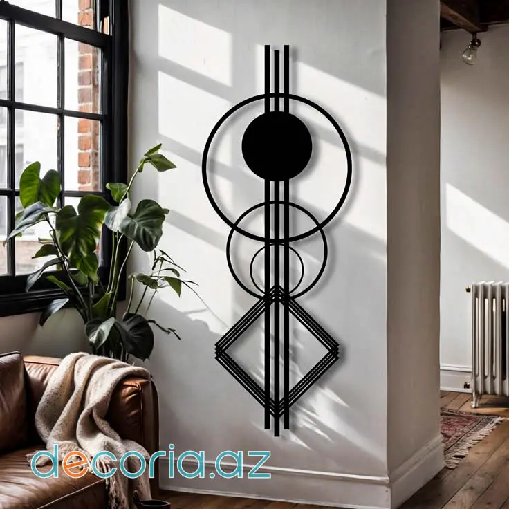 Geometrik Halqa və Romb Naxışlı Şaquli Qara Metal Divar Dekoru