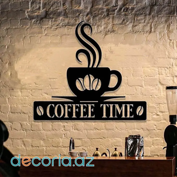 "Coffee Time" Fincan Və Qəhvə Dənələri Motivli Qara Metal Divar Dekoru
