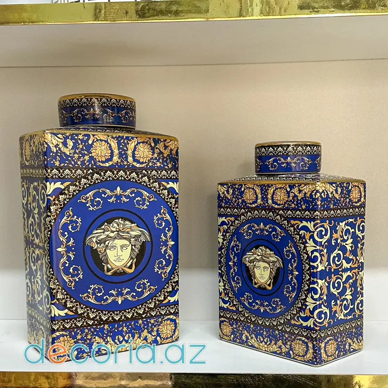 Mavi Rəng Kvadrat Formalı Keramik Dekor Vaza