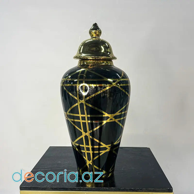 Qara Parlaq Səthli Qızılı Xətli Dekorativ Vaza