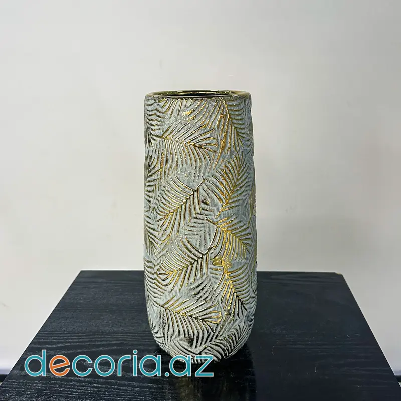 Qızılı Yarpaq Naxışlı Boz Keramika Vaza