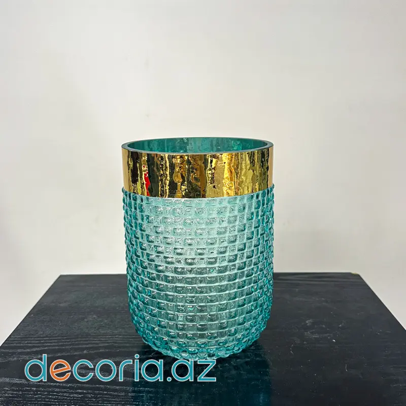 Qızılı Detallı Turkuaz Şüşə Güldan