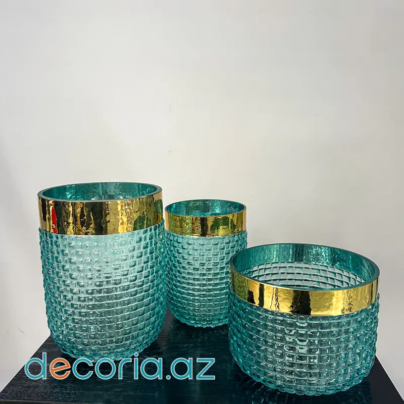 Qızılı Detallı Turkuaz Şüşə Güldan