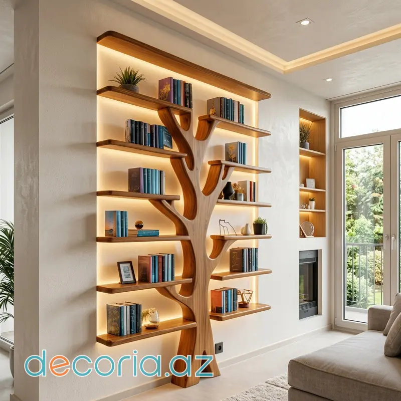 Ağac Formalı LED İşıqlı Divar Kitab Rəfi