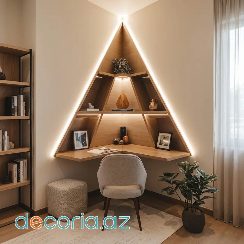 Piramida Formalı Künc Yazı Masası + Rəf (LED İşıqlı)