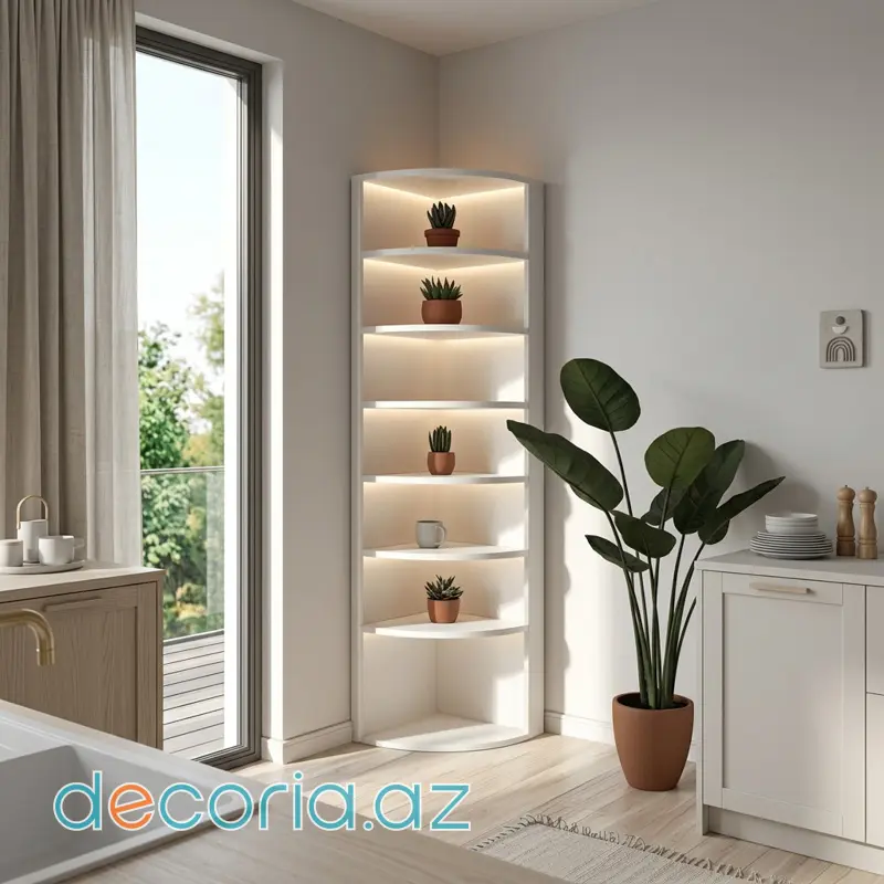LED İşıqlı Künc Rəfi (Ağ, Arkvari)