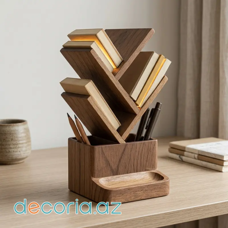Taxta Masaüstü Ağacşəkilli Kitab + Qələm Rəfi (LED İşıqlı)