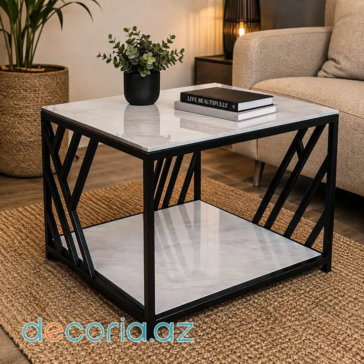 Mərmər Teksturalı Səthli Və Qara Geometrik Metal Yan Masa