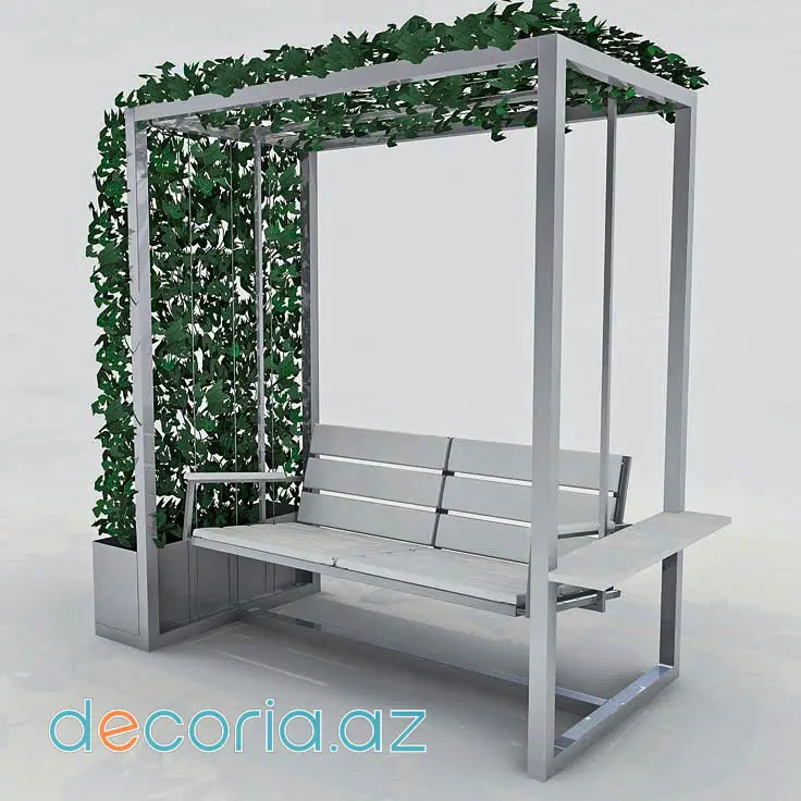 Sarmaşıqlı Kölgəlikli Və Asma Yellənən Divanlı Metal Bağ Pergola Dəsti