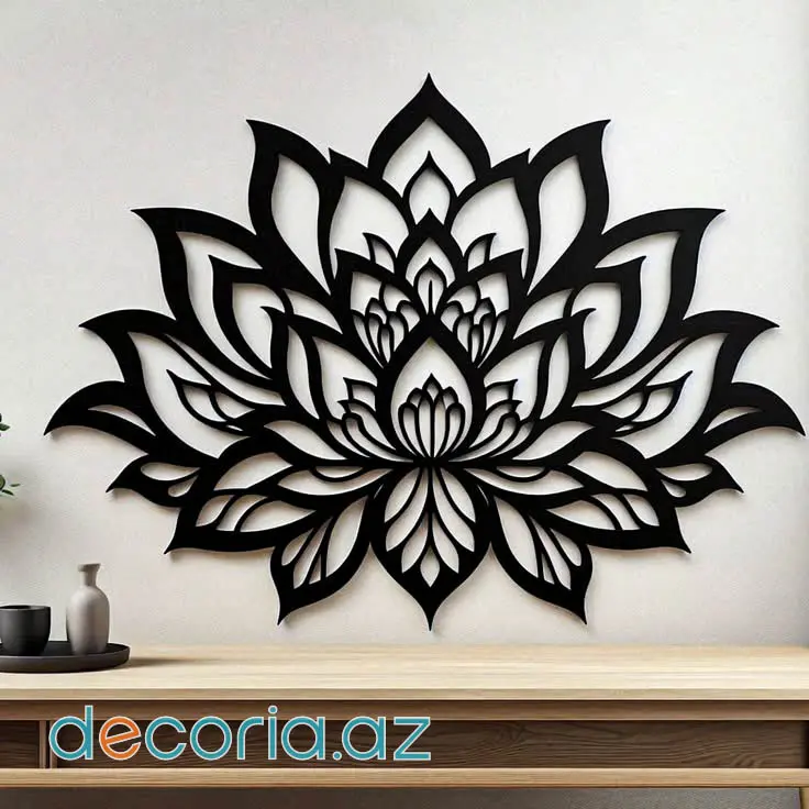Lotus Çiçəyi Formasında Lazer Kəsim Qara Metal Divar Dekoru Panel