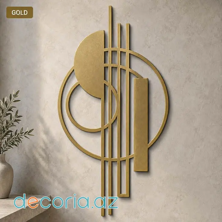 Qızılı Geometrik Abstrak Sol və Sağ Xətlərlə Qızılı Metal Divar Dekoru Panel