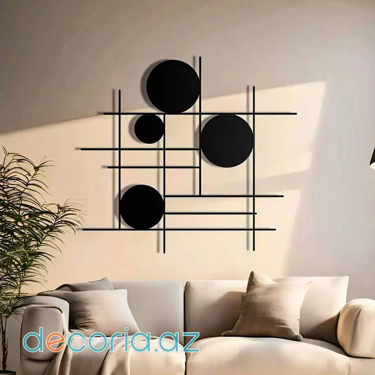 Abstrakt Dairəvi Və Şəbəkə Xəttli Qara Metal Divar Dekoru Panel