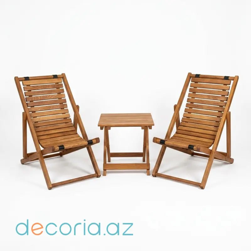 Qatlanan Təbii Ağac Bağ və Teras Şezlonq Dəsti (Wooden Lounge Chairs & Side Table Set)