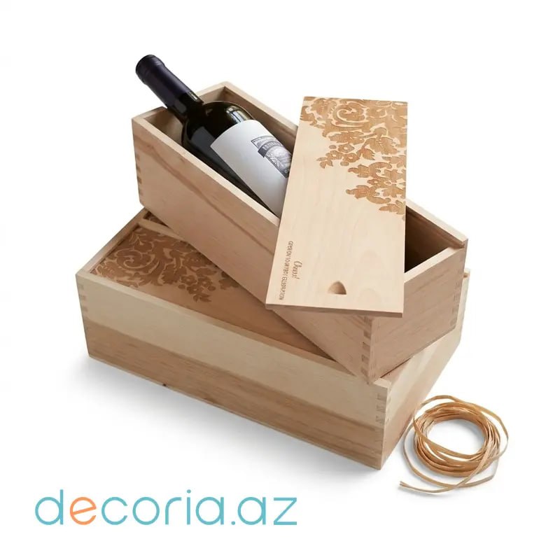 Naxışlı Təbii Ağac Şərab Qutusu (Wooden Wine Gift Box)