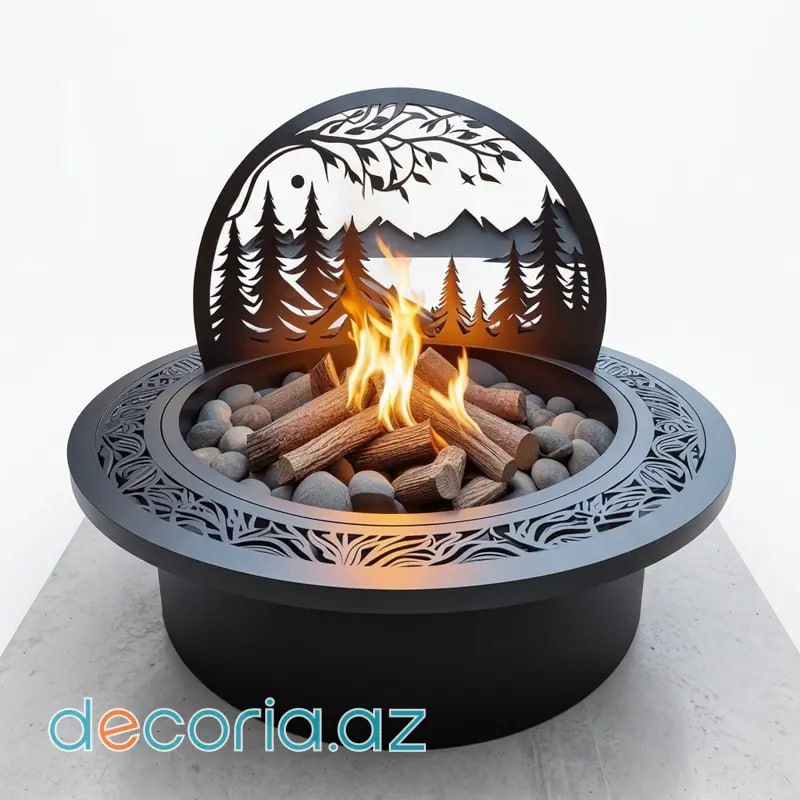 Meşə Siluetli Dairəvi Metal Bağ Tonqal Qabı / Ocaq Başı (Fire Pit)