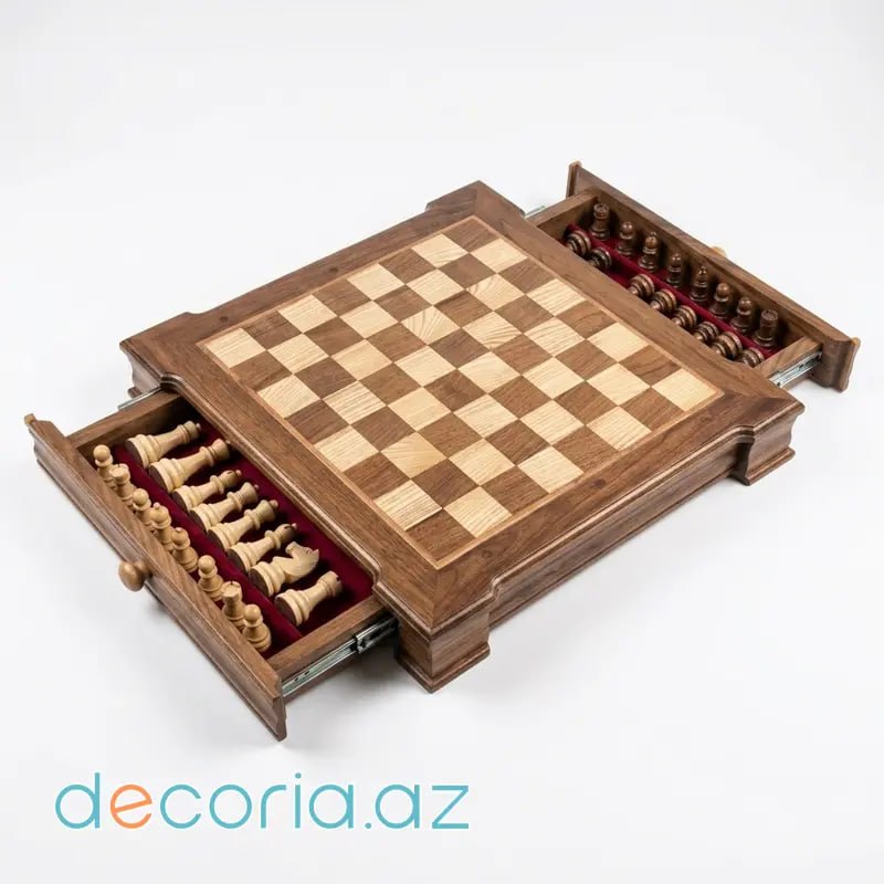 Eksklyuziv Çəkməcəli Təbii Ağac Şahmat Dəsti (Wooden Chess Set with Drawers)