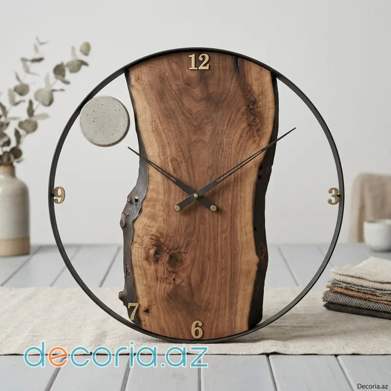 Organic Modern Təbii Ağac və Metal Masaüstü / Divar Saatı