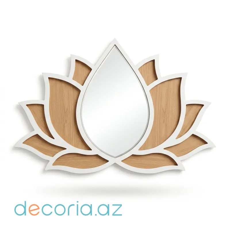 Lotus Çiçəyi Formalı Təbii Ağac və Ağ Çərçivəli Dekorativ Divar Güzgüsü (Lotus Flower Wooden Wall Mirror)