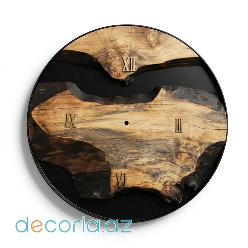 Epoksi Qatranlı Təbii Ağac Kəsiyi Divar Saatı (Epoxy Wood Wall Clock)
