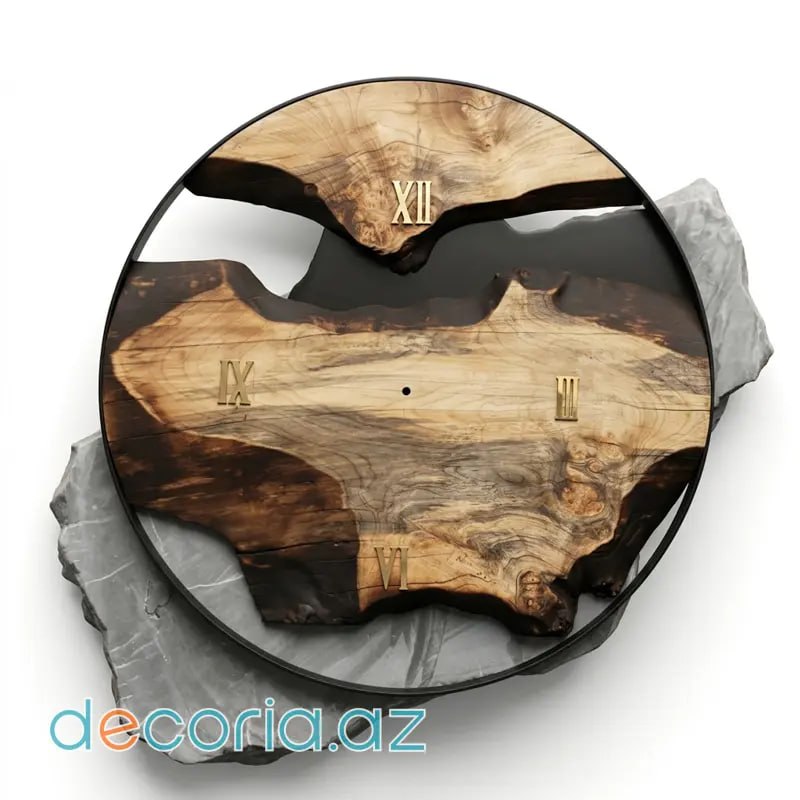 Epoksi Qatranlı Təbii Ağac Kəsiyi Divar Saatı (Epoxy Wood Wall Clock)