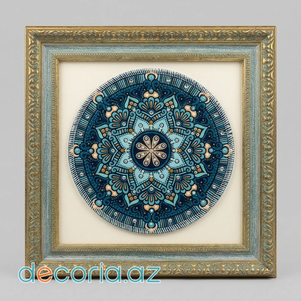 Qızılı Detallı Mavi Mandala Tablosu