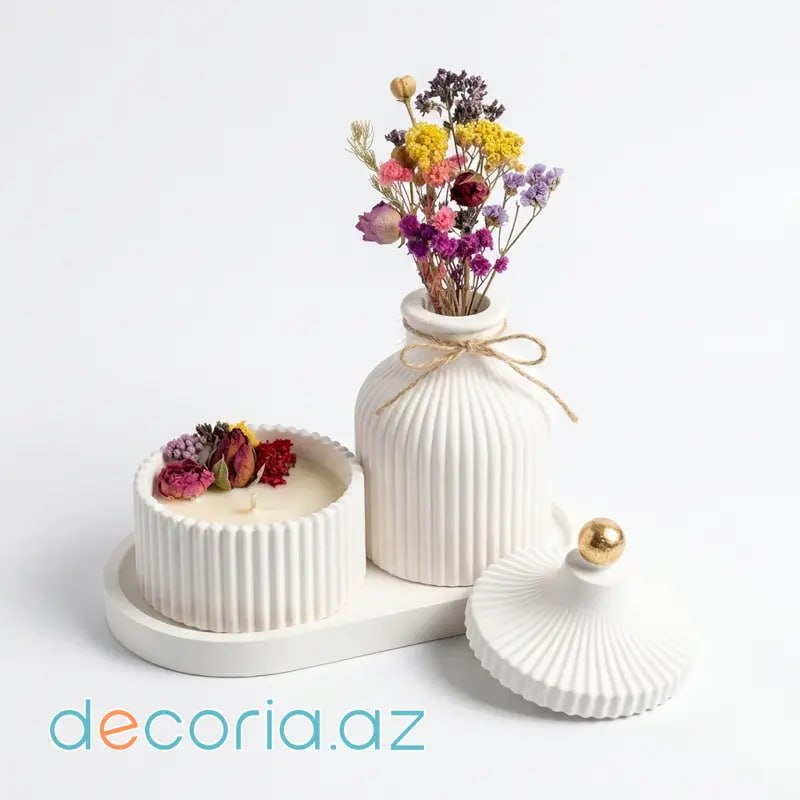 Dekorativ Qips/Beton Ətirli Şam və Quru Çiçəkli Vaza Dəsti (Decorative Concrete Candle & Vase Set)