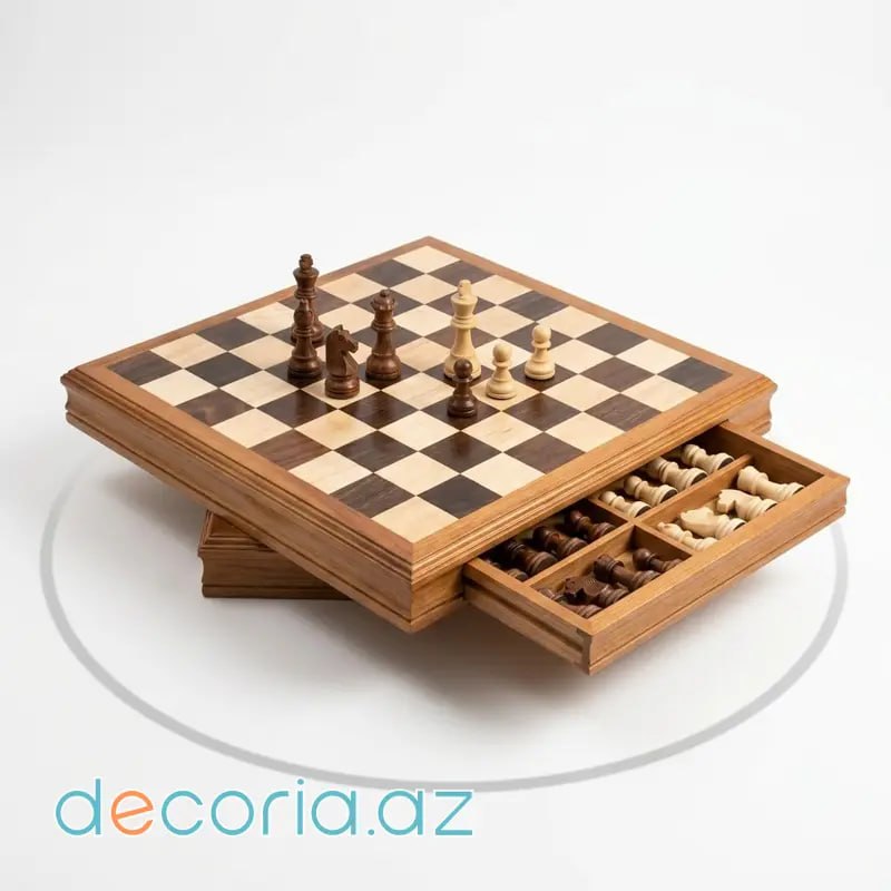 Eksklyuziv Çəkməcəli Təbii Ağac Şahmat Dəsti (Wooden Chess Set with Drawers)