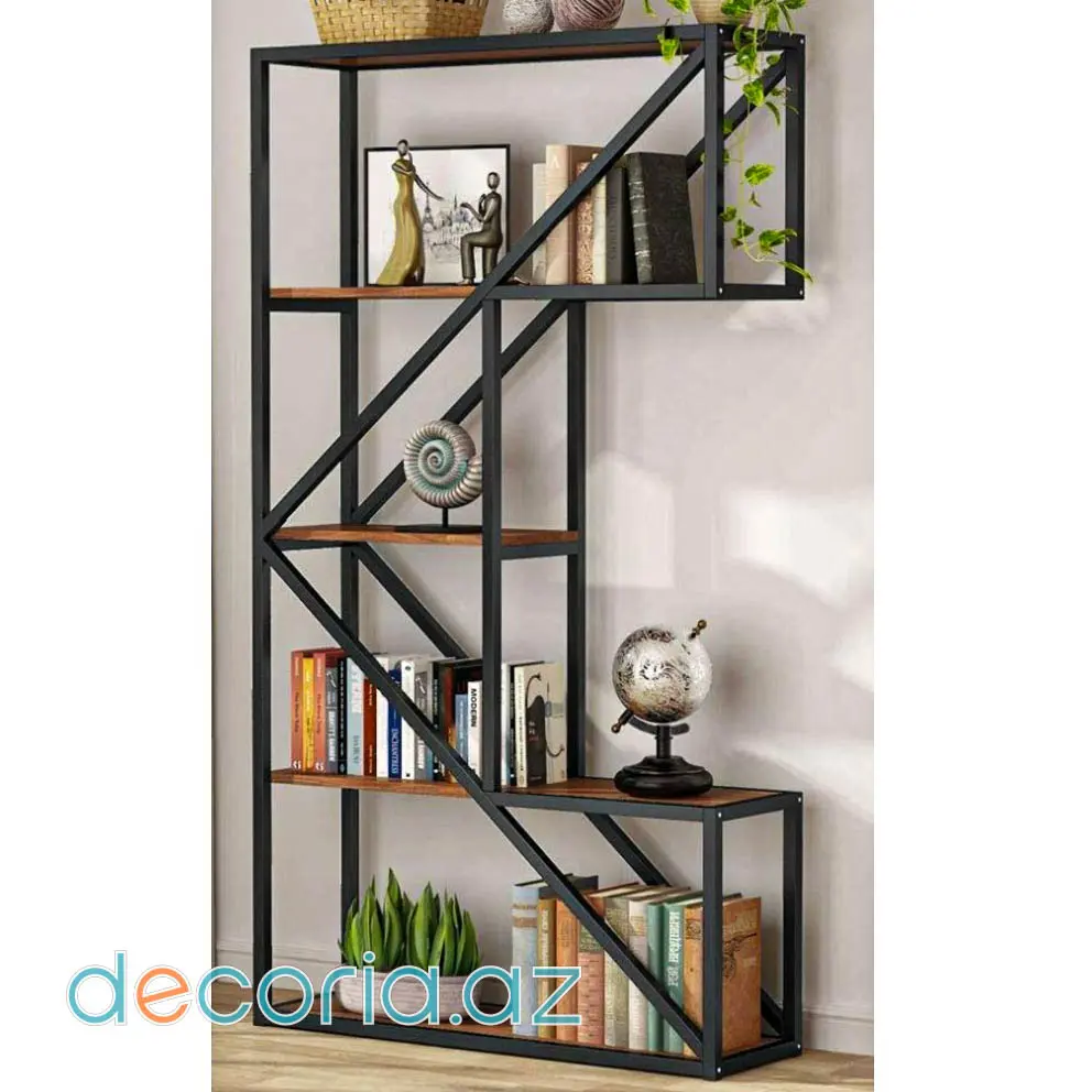Loft Üslublu Geometrik Metal Karkaslı Və Təbii Taxta Rəfli Kitab Şkafı