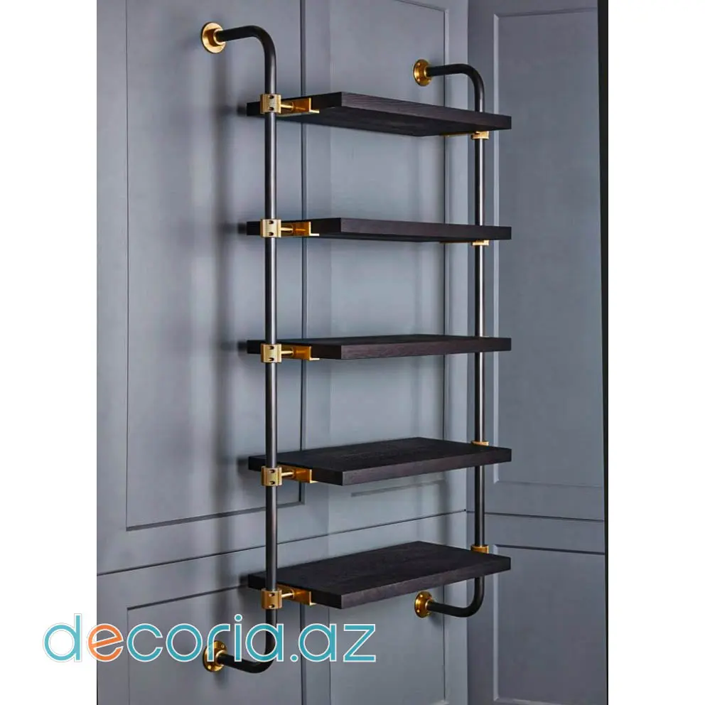 Loft Üslublu Metal Boru Karkaslı Və Qızılı Detallı 5 Mərtəbəli Divar Rəfi