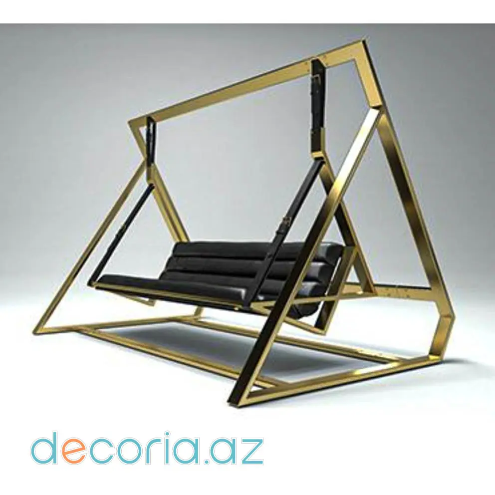 Qızılı Geometrik Metal Karkaslı Və Dəri Oturacaqlı Lüks Bağ Yelləncəyi
