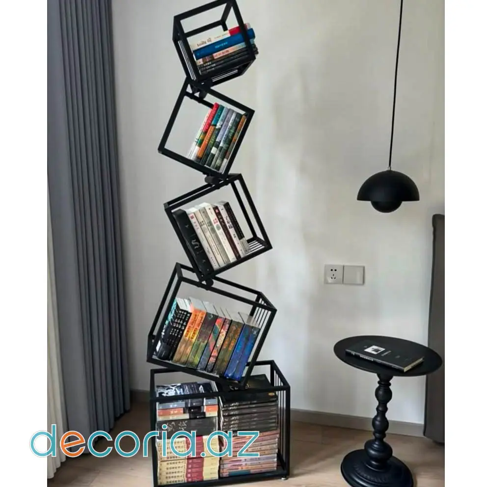Fırlanan Geometrik Kub Metal Karkaslı Şaquli Kitab Şkafı Və Stelaj
