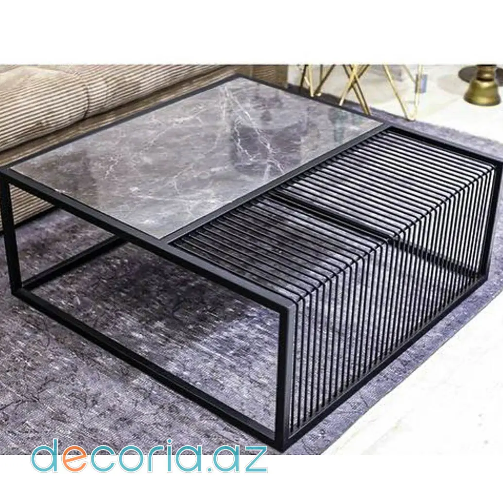 Mərmər Görünüşlü Üstlü Və Metal Tor Panelli Lüks Jurnal Masası
