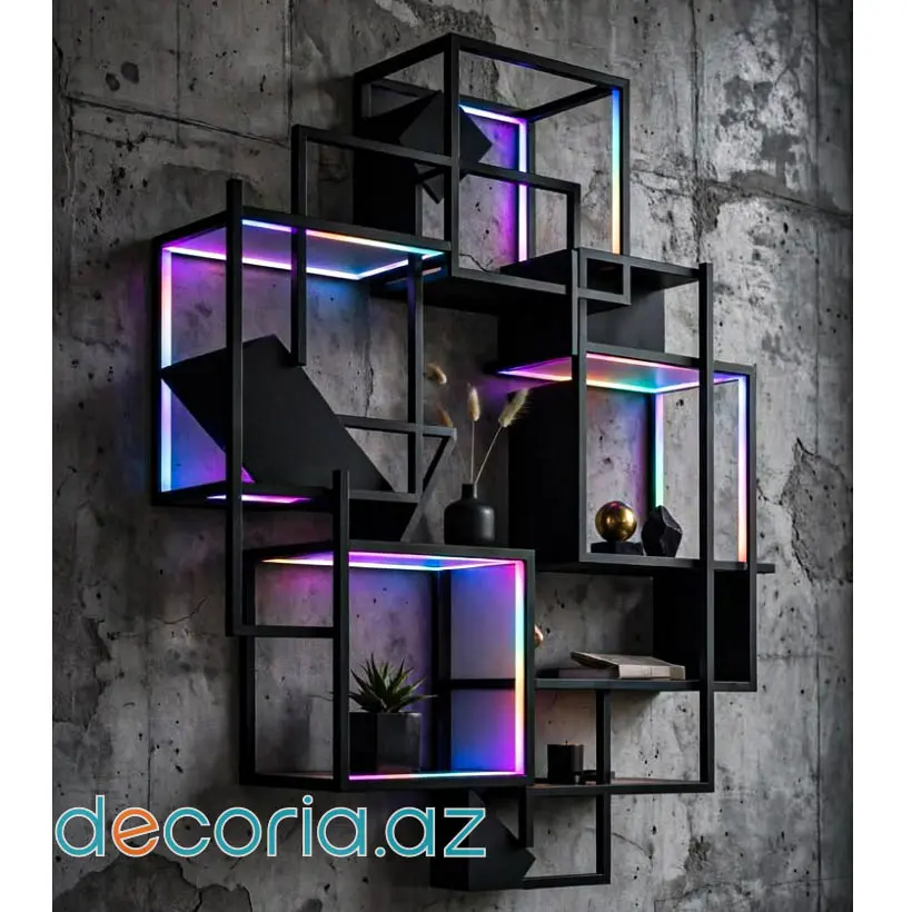 RGB Neon İşıqlandırmalı Həndəsi Kub Metal Divar Rəfi