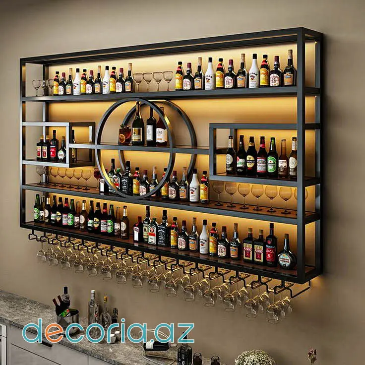 İşıqlı Geometrik Metal Divar Bar Rəfi Və Qədəh Tutacaqlı Vitrin Dəsti